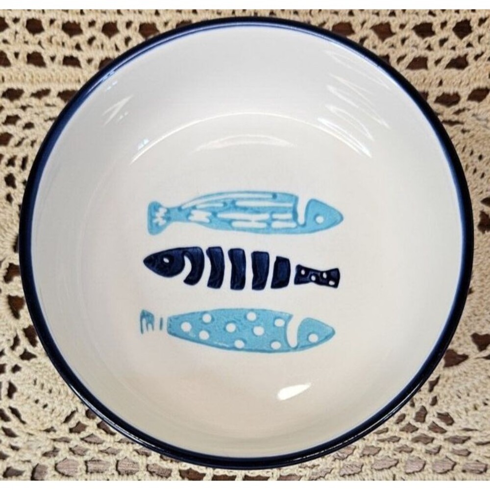 Signature Blue & Aqua Ceramic Fish Design Cat Food Bowl 5"